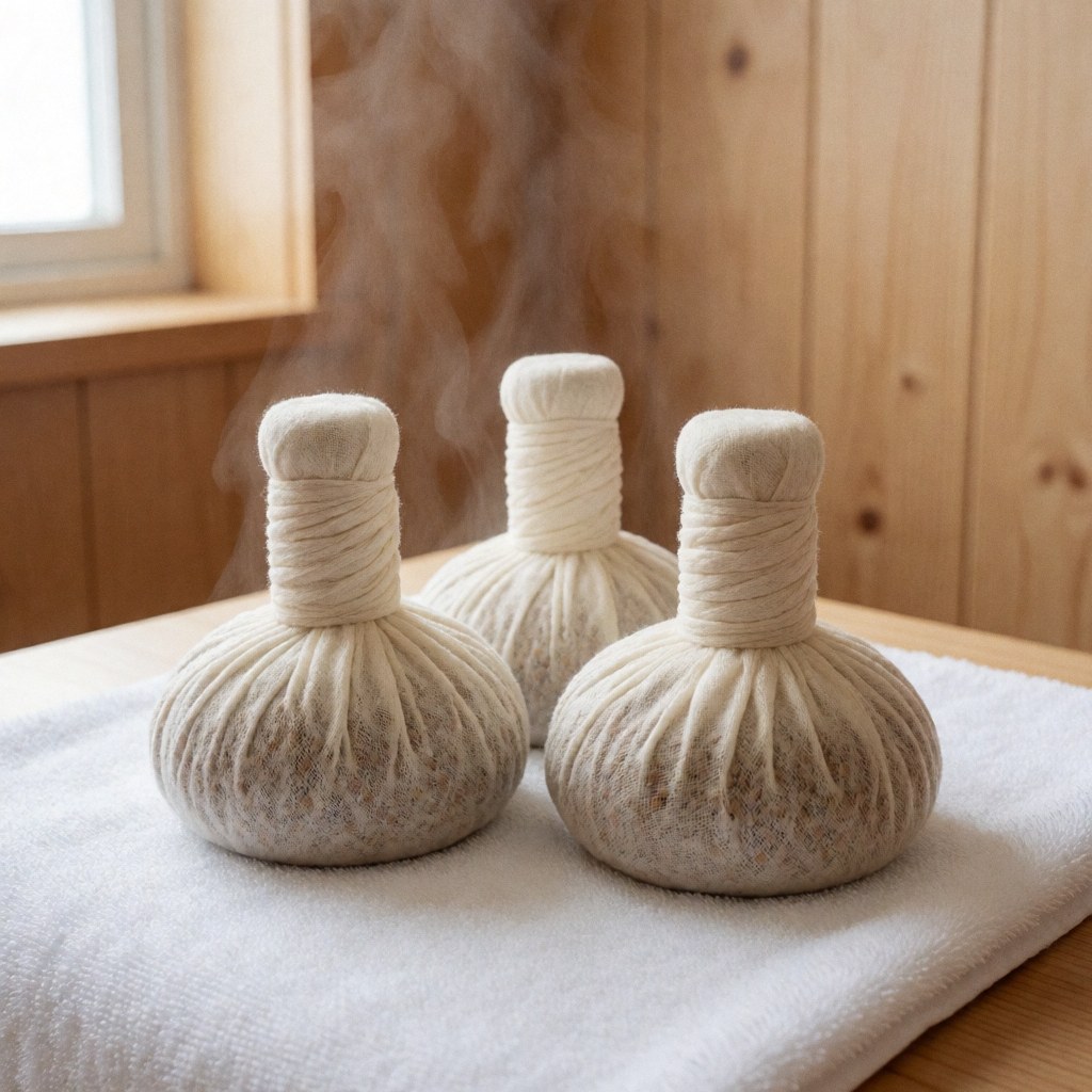 Three steaming herbal pots placed on a white towel against a light wood wall, creating a clean and realistic scene for ayurvedic massage therapy.