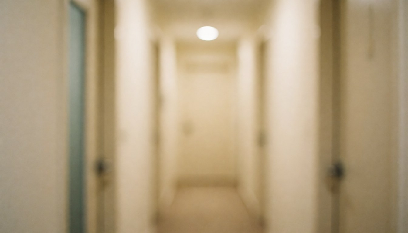 A calm clinic hallway with closed doors and soft warm light, providing a professional background suitable for text overlay and mental health services.