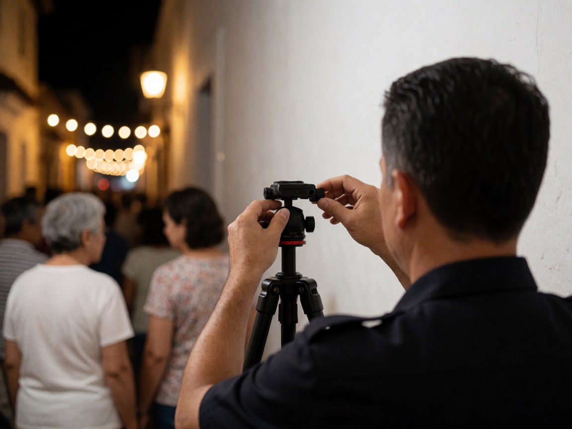 Close-up of photographer's hands adjusting a camera tripod on a white wall at night with festive background lights and bokeh effect