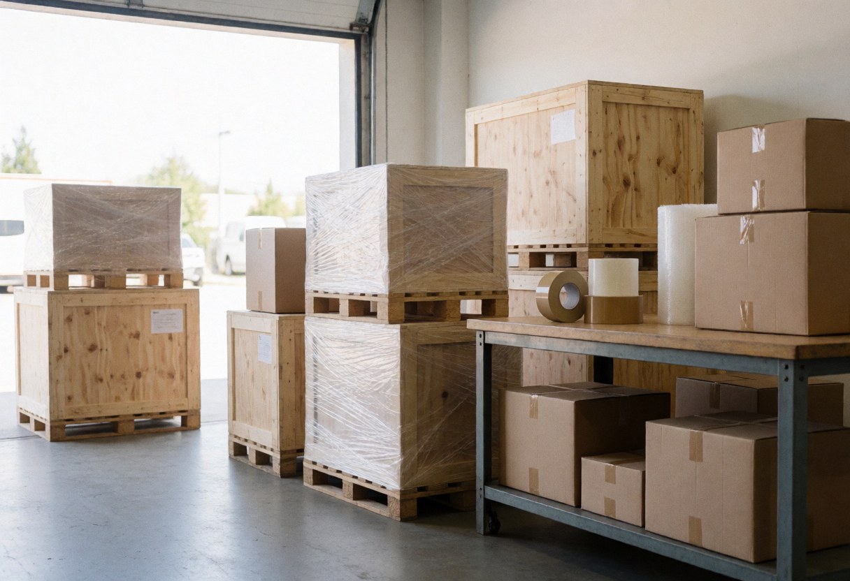 A busy shipping zone in a carpentry workshop featuring stacked wooden pallets, cardboard boxes, and packing tape ready for furniture dispatch