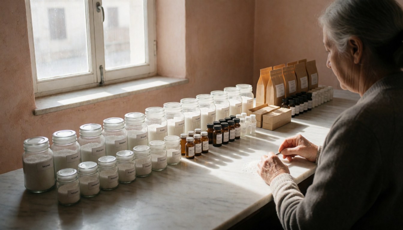 A tidy marble dispensing table featuring organized glass jars, vials, and kraft paper labels in natural light, ideal for a homeopath's professional website.