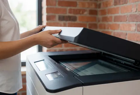 A close-up view of a hand closing the lid of a white office scanner, capturing the action of document scanning in a clean, modern workspace.