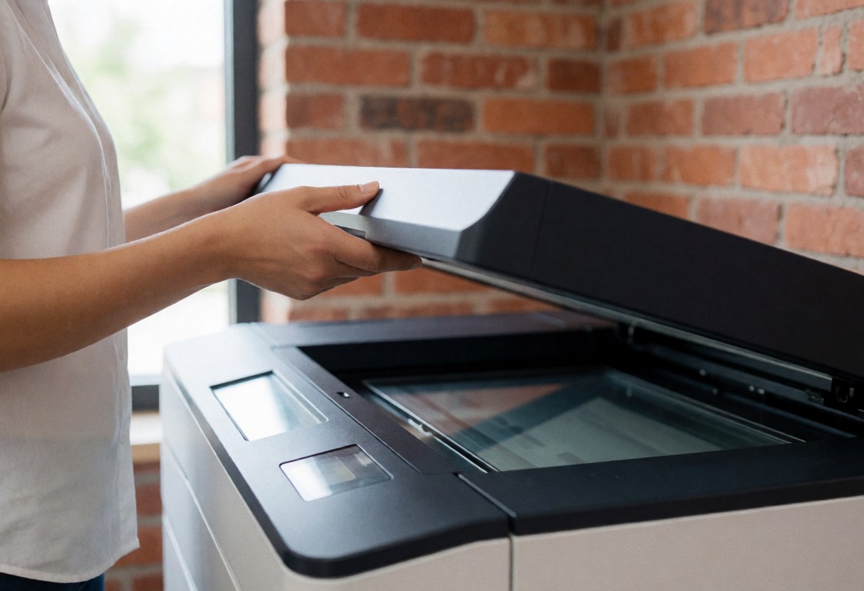 A close-up view of a hand closing the lid of a white office scanner, capturing the action of document scanning in a clean, modern workspace.