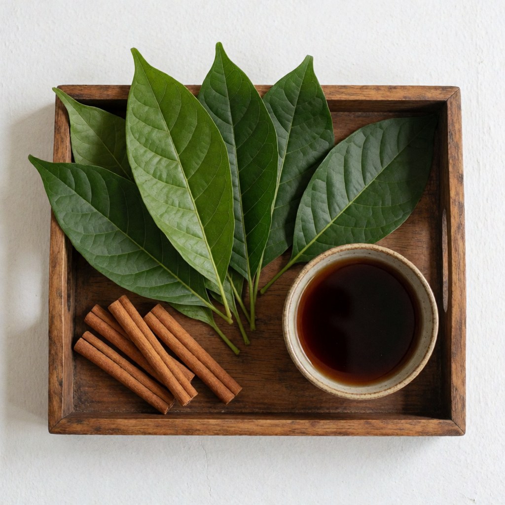 Wooden tray holding fresh green leaves cinnamon sticks and a cup of herbal infusion for ayurvedic massage and natural wellness