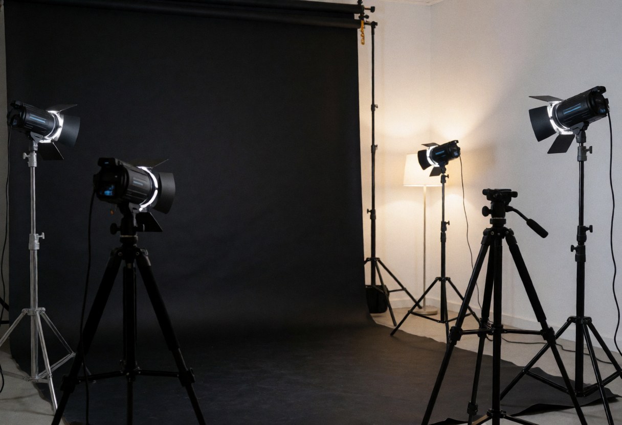 A dark studio environment prepared for photography, featuring tripods, lights, and a black background ready for professional shoots