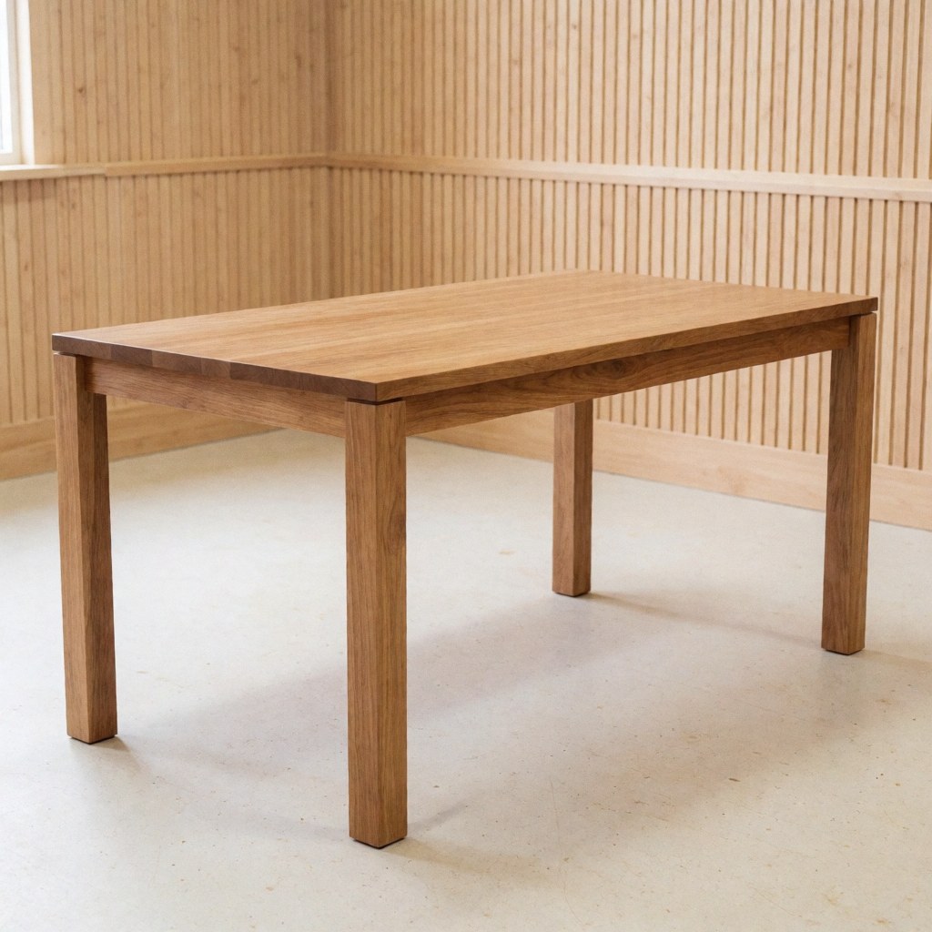 Close-up of a finished solid wood dining table with natural grain, displayed in a carpentry workshop setting for furniture product photography
