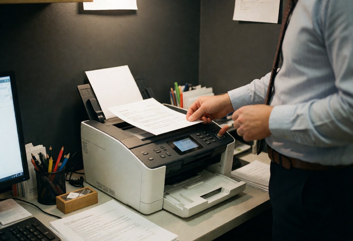 A man in an office setting is pressing the button on a fax machine to send a document, with papers visible on the desk nearby
