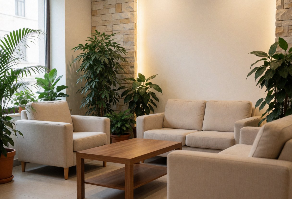 A modern homeopath waiting area featuring beige sofas, a wooden coffee table, green plants, textured stone walls, and warm lighting.