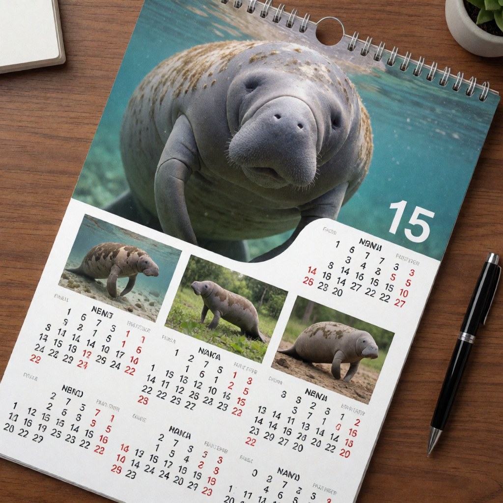 A monthly wall calendar featuring a manatee, placed on a wooden table with a pen, highlighting endangered species conservation efforts