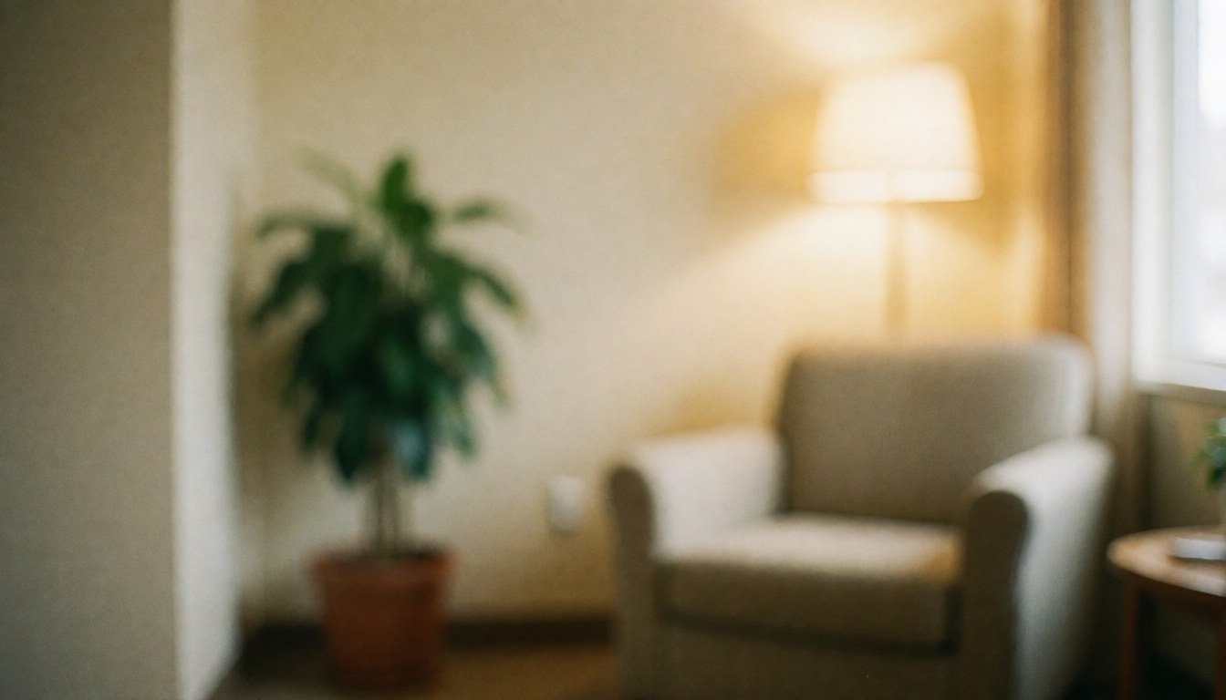 A beige armchair sits beside a potted plant against a warm-toned wall in a quiet waiting area, providing a calm background for geriatric therapy services.