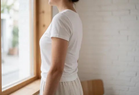 Profile view of a person stretching their neck near a window in a minimalist interior with a white brick wall and natural light, wearing white clothing to show relaxation and wellness.