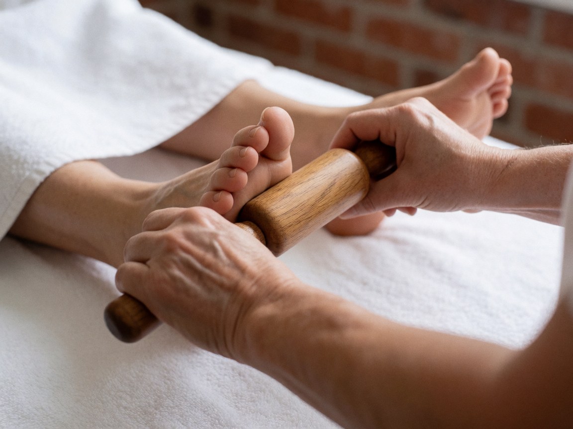 Close-up of hands using a wooden roller on feet during an ayurvedic massage, with a red brick wall and white towel in the background.