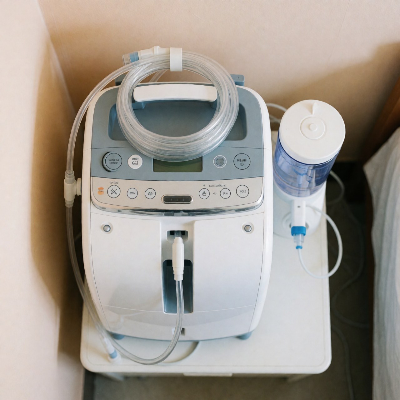 White oxygen concentrator device with tubing and humidifier bottle sitting on a clean white surface against a beige wall, used for respiratory care.