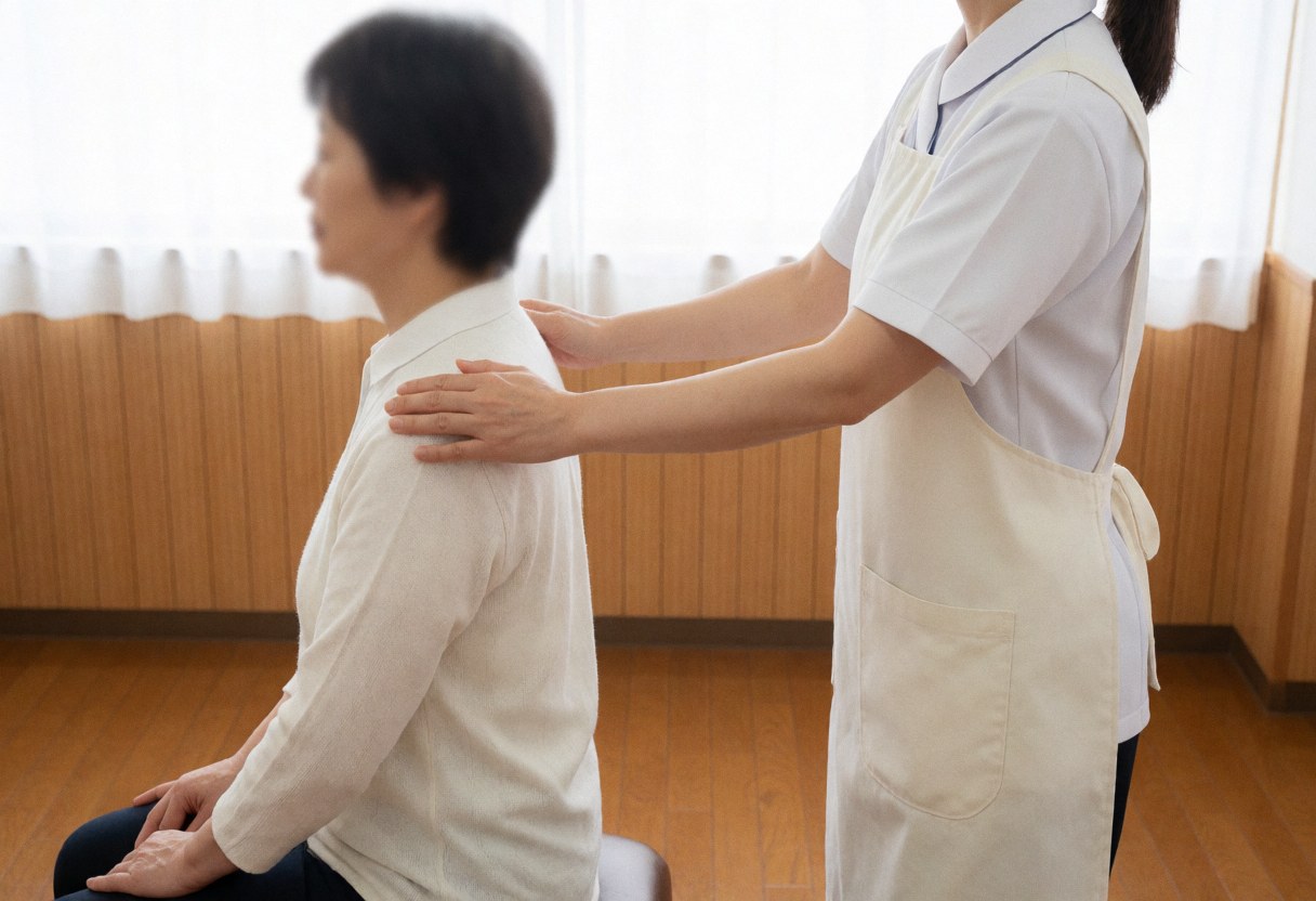 Shiatsu therapist in white uniform massages client's shoulders while seated, featuring natural light and light wood walls for a professional wellness setting