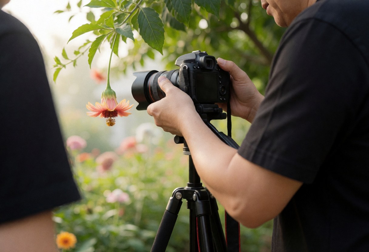 Professional macro photographer adjusting a camera on a tripod to photograph a flower in a garden with natural light and a blurred background.