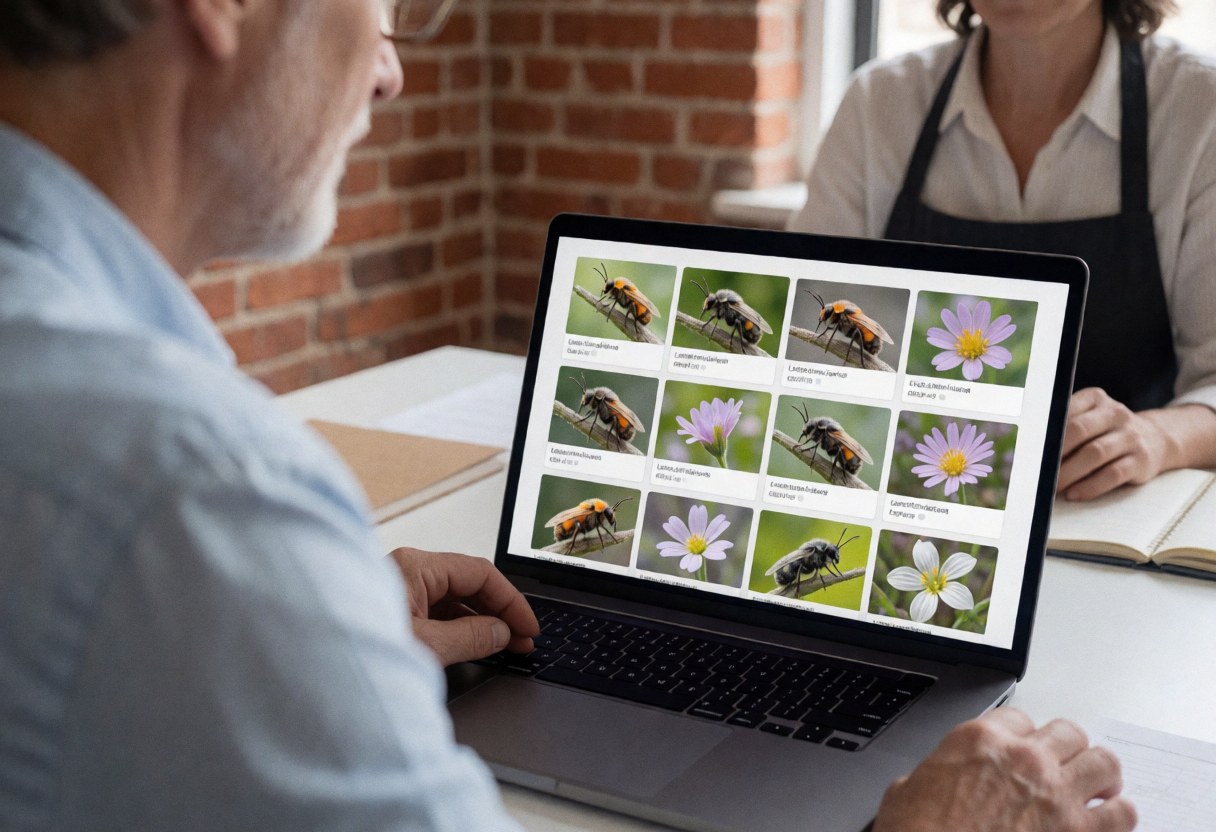 A macro photographer reviews a digital portfolio of insect and flower photos on a laptop in a professional office with a brick wall.