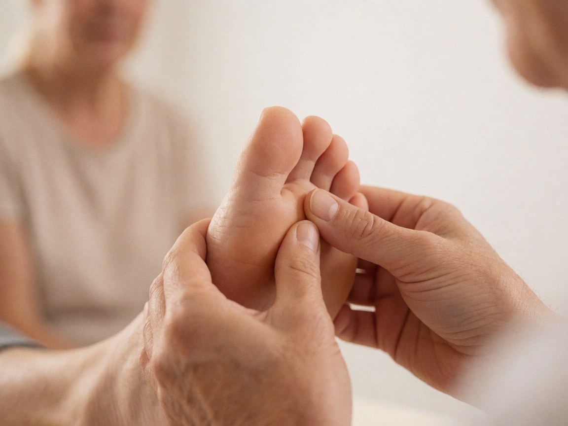 Close-up of a therapist's hand applying pressure to the arch of a client's foot with blurred background