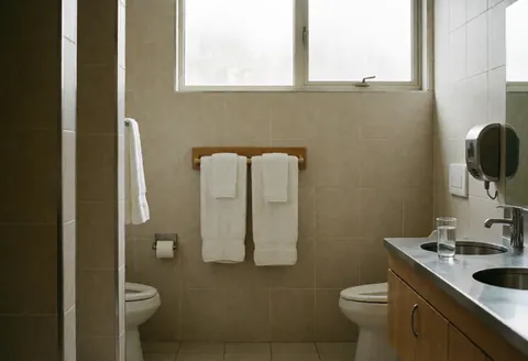 Clean hypnotherapy bathroom with white towels, water, and natural light, creating a calm and private environment for patients.