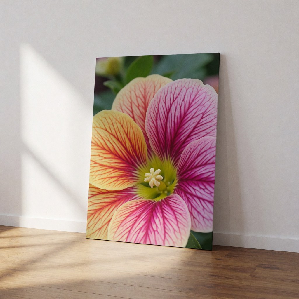 Close-up view of a colorful flower poster hanging on a wall, featuring detailed petals and veins in natural light