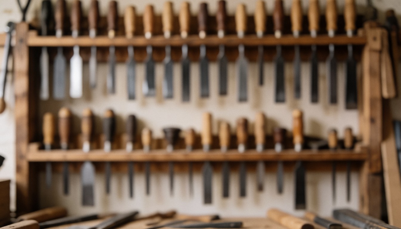 Background of a carpentry workshop featuring tools hanging on wooden shelves, suitable for text and furniture projects