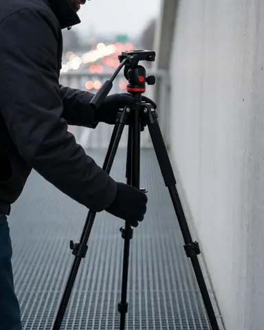 Professional photographer setting up camera equipment on a concrete bridge at night with city lights in the background
