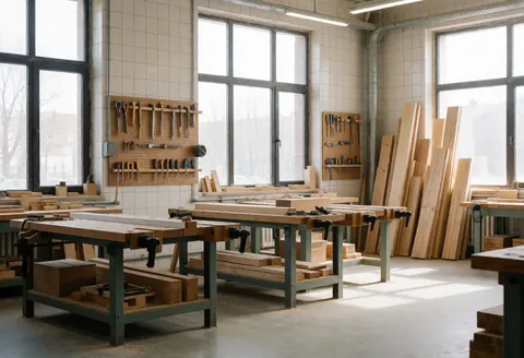 Interior view of a professional carpentry workshop featuring workbenches, power tools, lumber, and organized furniture making equipment