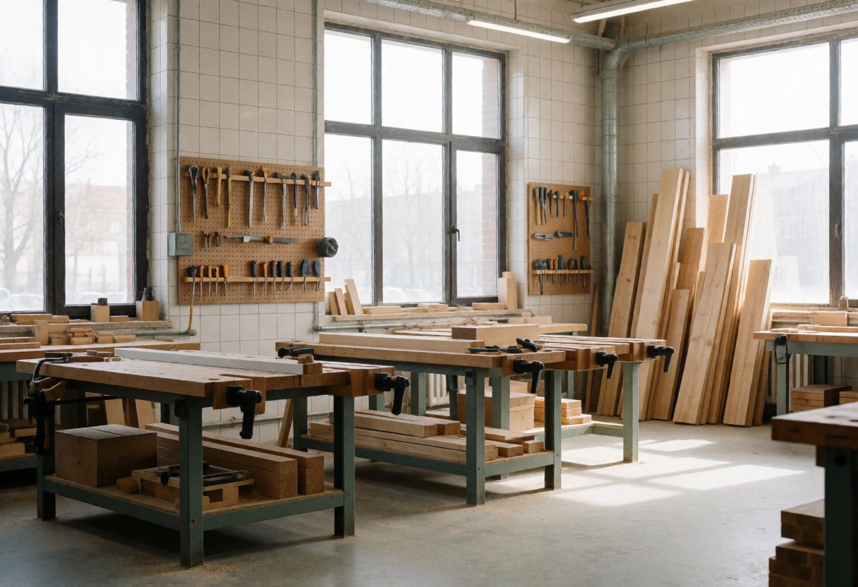 Interior view of a professional carpentry workshop featuring workbenches, power tools, lumber, and organized furniture making equipment