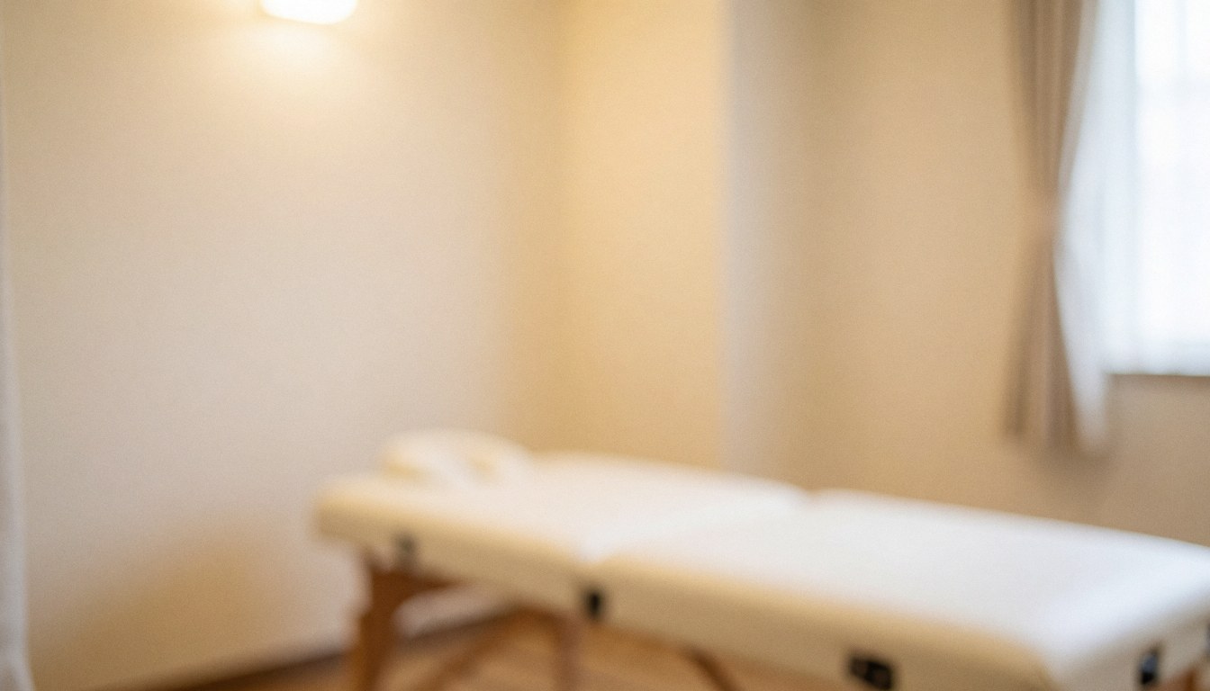 Soft focus beige wall and white massage table background suitable for geriatric care and massage service websites