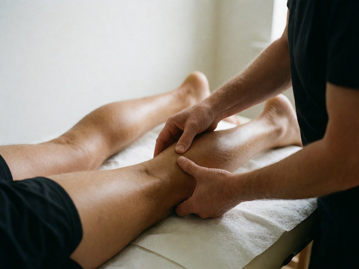 Close-up of therapist hands performing deep tissue massage on a client's leg against a white background with natural light for sports recovery