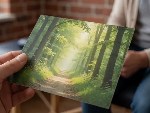 A person holds a card featuring a green forest path with warm light against a brick wall, suitable for therapy and relaxation.