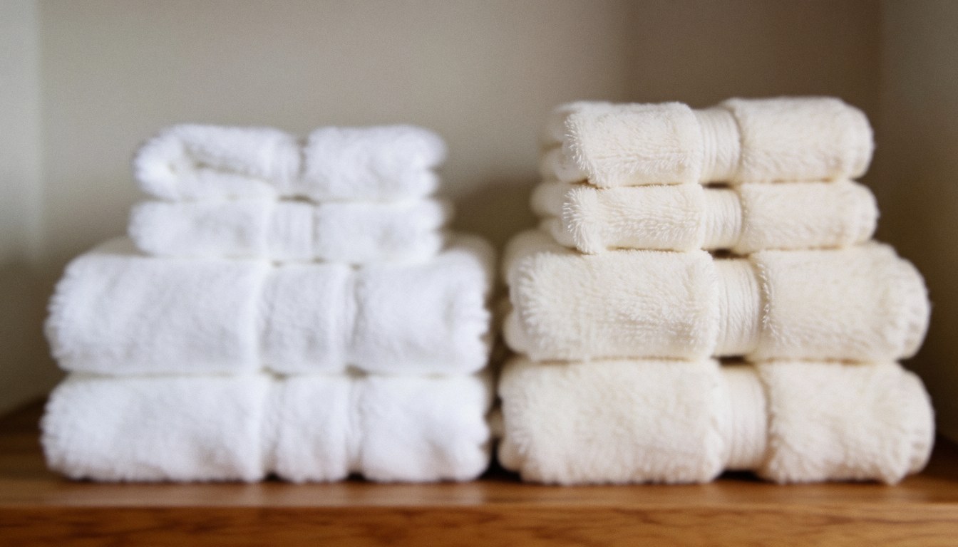 Two stacks of white and natural towels on a wooden shelf with a soft blurred background suitable for ayurvedic massage and wellness text overlays.