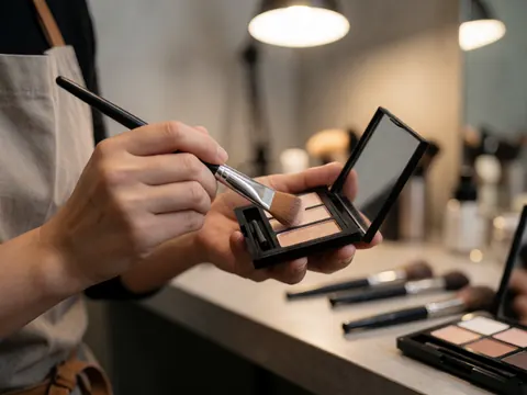 Close-up of professional makeup artist hands applying eyeshadow from a palette with a brush in a clean studio with concrete walls