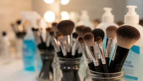 Soft focus background featuring clean makeup brushes and glass containers arranged for a professional hygiene and beauty aesthetic