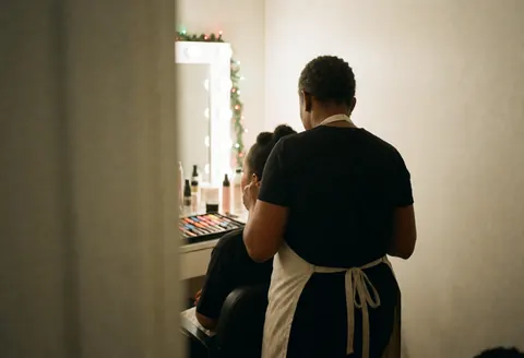A professional makeup artist works on a client's face in a well-lit studio with mirrors and beauty products visible on a tray