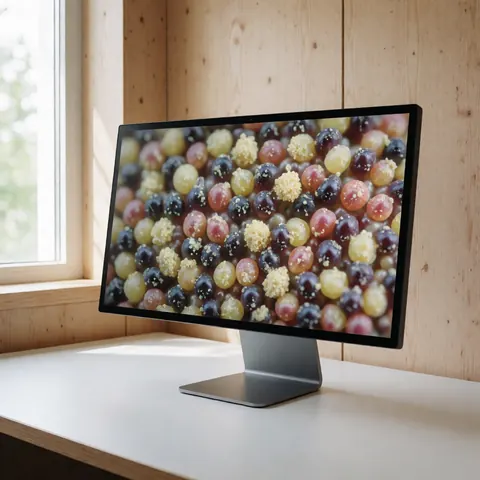 Close-up view of botanical pollen grains on a computer monitor against a wooden wall with natural light