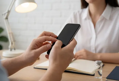Close-up of hands typing on a smartphone next to a homeopathic remedy vial on a wooden desk with warm lighting.