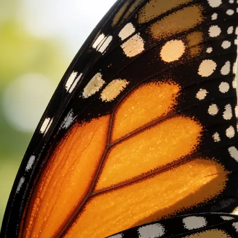 Close-up macro photography showing the intricate texture and detailed scales of a monarch butterfly wing with natural lighting