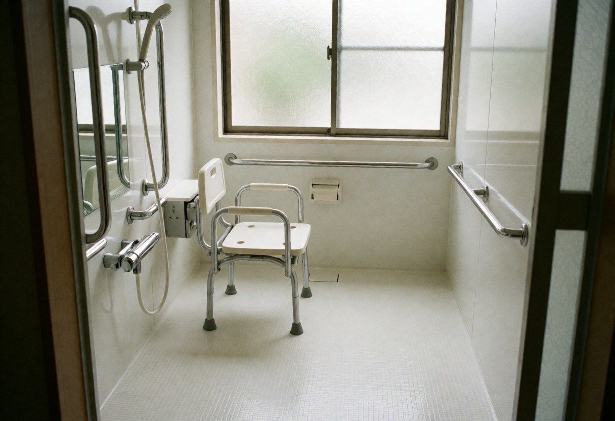 Clean accessible bathroom interior featuring a white shower chair, chrome grab bars, and non-slip flooring for geriatric care and rehabilitation therapy.