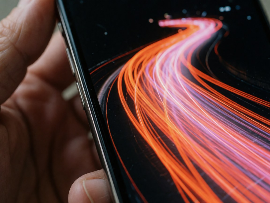 Close-up view of a smartphone screen with long exposure light effects, visible hands, high resolution, and orange and pink light reflections on a black background.