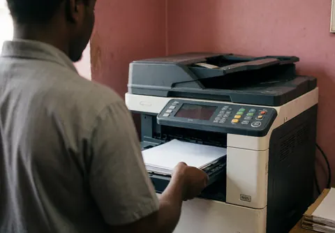 A person's hands loading paper into a copy machine at a copy center, capturing the service in action with warm lighting and a pink wall background.