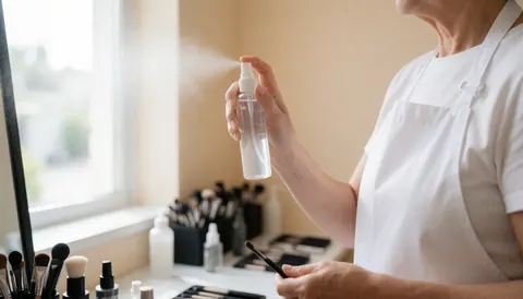 Professional makeup artist applying setting spray in a bright studio with blurred makeup tools in the background