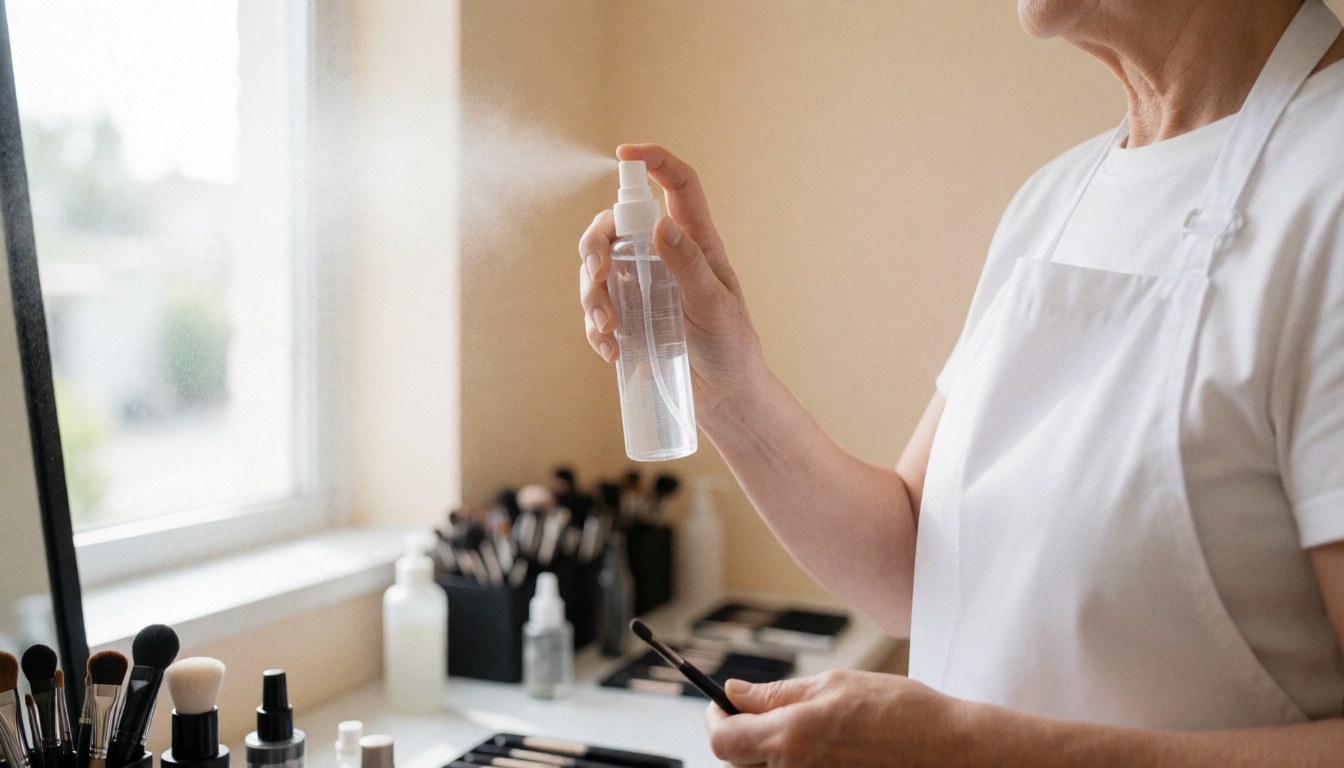 Professional makeup artist applying setting spray in a bright studio with blurred makeup tools in the background