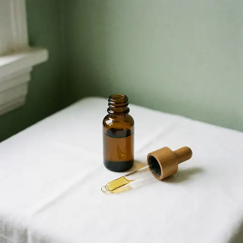 A clear glass bottle containing pure herbal oil with a pipette dropper, placed on a wooden surface next to white fabric and a green wall with natural light