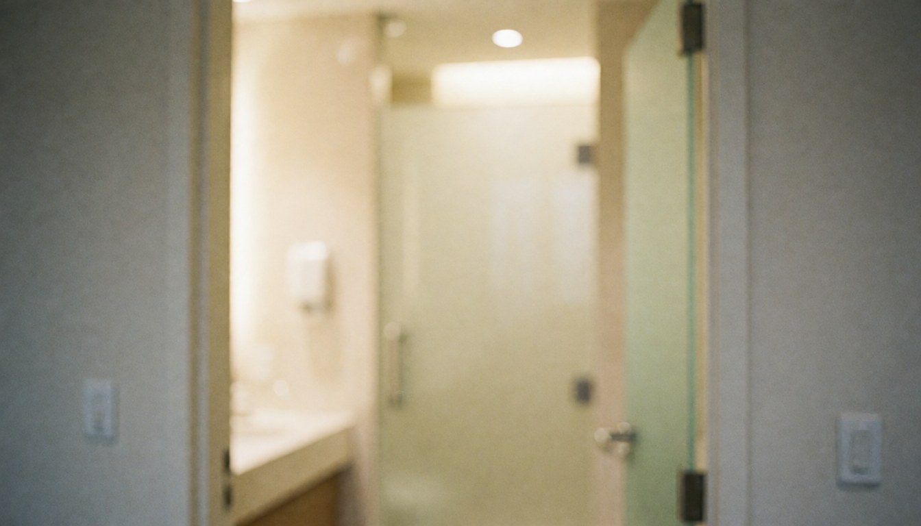 Minimalist bathroom interior featuring neutral walls, a glass door, and warm ambient light, providing a calm backdrop for professional text overlays.