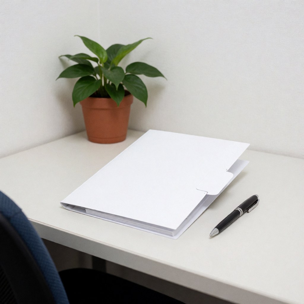 White folder, pen, and small plant arranged neatly on a clean white desk surface for health services