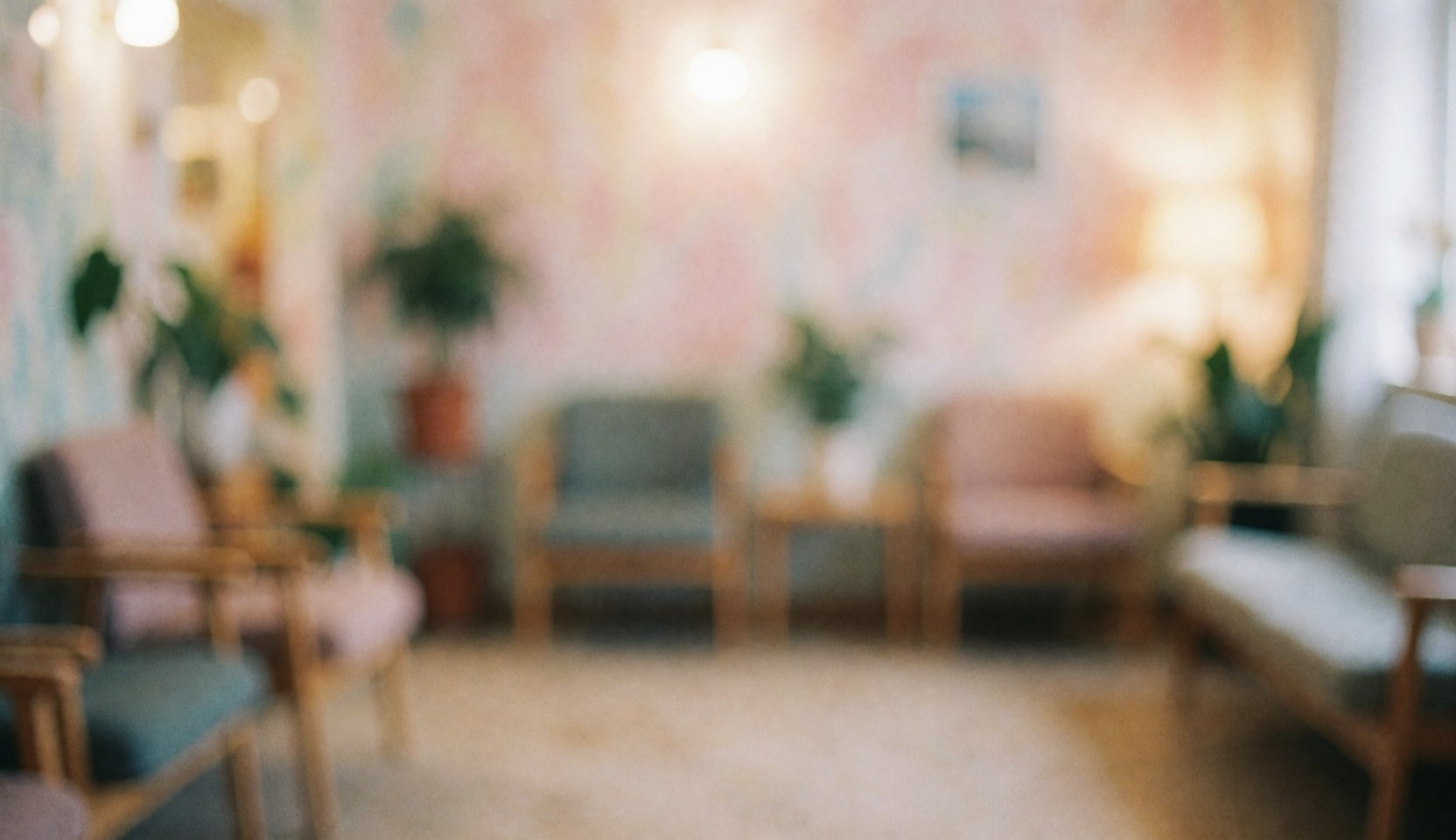 A warm and relaxing waiting room background featuring wooden chairs, green plants, and soft lighting, ideal for website text overlays and professional content.