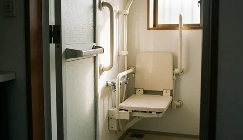 Clean and safe senior bathroom featuring a folding shower chair, wall-mounted handrails, natural lighting, and neutral tones for geriatric care.