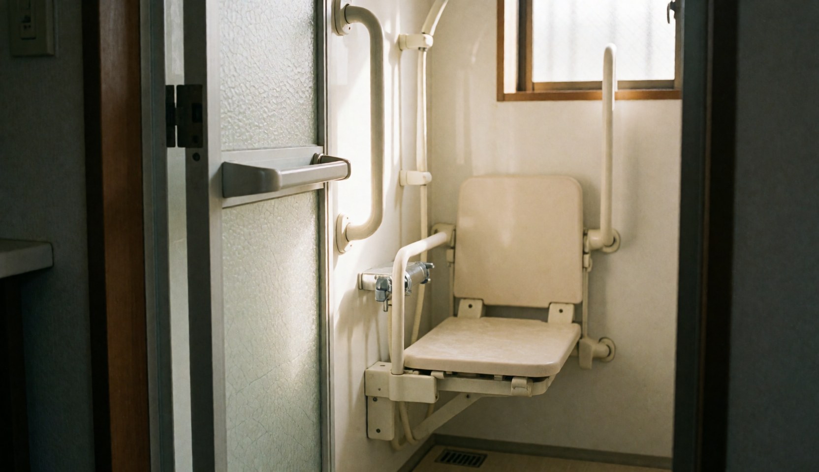 Clean and safe senior bathroom featuring a folding shower chair, wall-mounted handrails, natural lighting, and neutral tones for geriatric care.