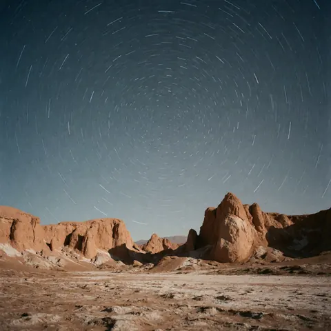 Long exposure photograph showing star trails in the night sky above red rocks and salt flat terrain in the desert landscape