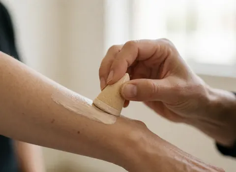 Detailed macro shot showing the application of foundation primer on skin using a makeup sponge tool in a studio setting